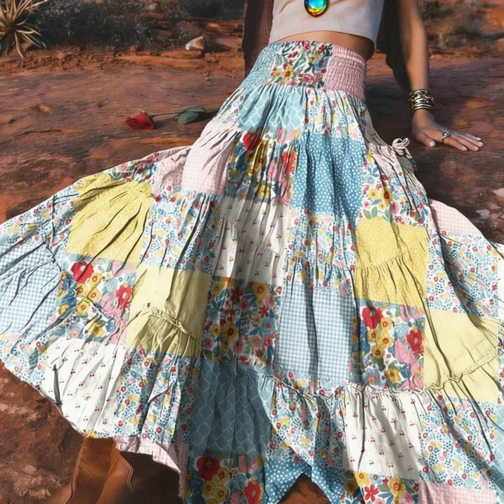 Multicolor Boho Women's Bohemian Skirt Set with Elegant Blouse - Picture 3 of 7